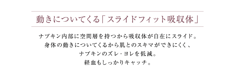 動きについてくる「スライドフィット吸収体」ナプキン内部に空間層を持つから吸収体が自在にスライド。身体の動きについてくるから肌とのスキマができにくく、ナプキンのズレ・ヨレを低減。経血もしっかりキャッチ。