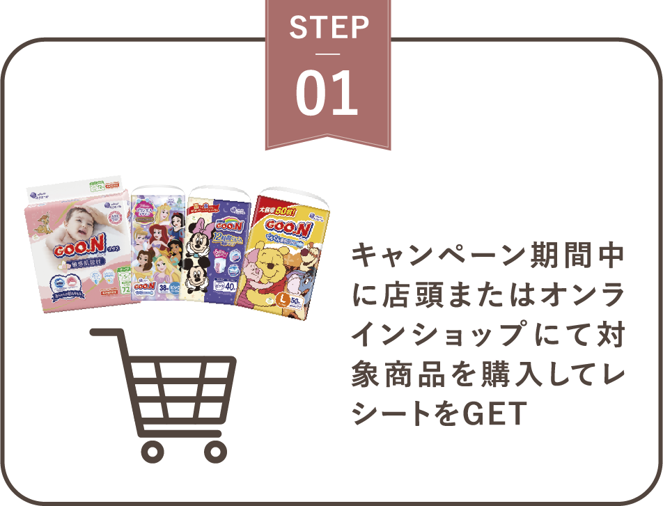 ステップ１　キャンペーン期間中に店頭またはオンラインショップにて対象商品を購入してレシートをGET