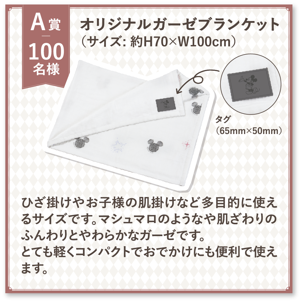 A賞 100名様 オリジナルガーゼブランケット ひざ掛けやお子様の肌掛けなど多目的に使えるサイズです。マシュマロのようなや肌ざわりのふんわりとやわらかなガーゼです。とても軽くコンパクトでおでかけにも便利で使えます。