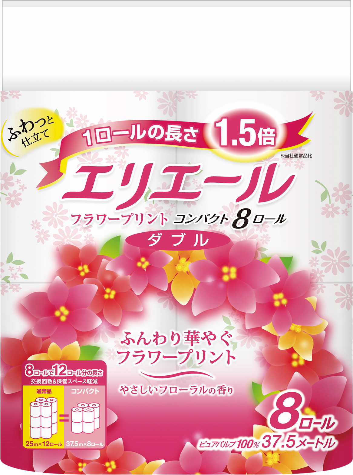 エリエール トイレットティシュー フラワープリント コンパクト 8ロール ダブル｜トイレットティシュー｜商品情報｜エリエール｜大王製紙