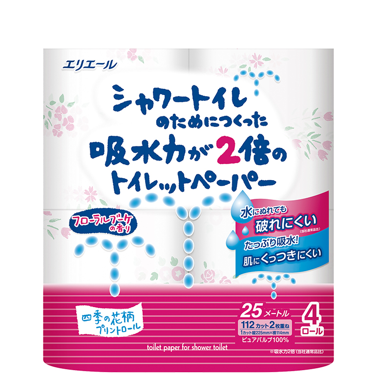 エリエール シャワートイレのためにつくった吸水力が2倍のトイレットペーパー フラワープリント香水付き トイレットティシュー 商品情報 エリエール 大王製紙