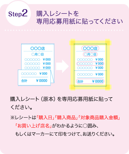 Step2 購入レシートを専用応募用紙に貼ってください購入レシート（原本）を専用応募用紙に貼ってください。※レシートは「購入日」「購入商品」「対象商品購入金額」「お買い上げ店名」がわかるように○囲み、もしくはマーカーにて印をつけて、お送りください。