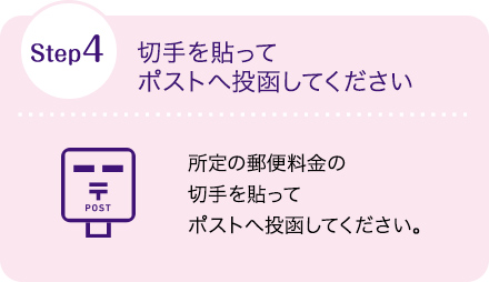 Step4 切手を貼ってポストへ投函してください 所定の郵便料金の切手を貼ってポストへ投函してください。