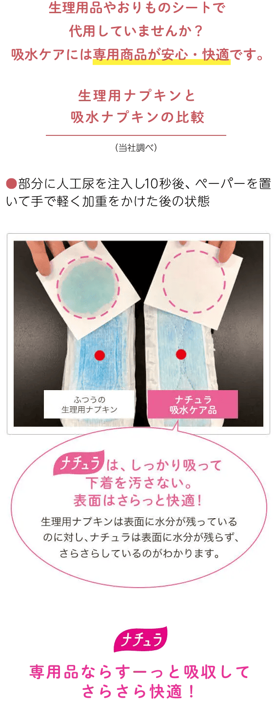 生理用品やおりものシートで代用していませんか?吸水ケアには専用商品が安心・快適です。