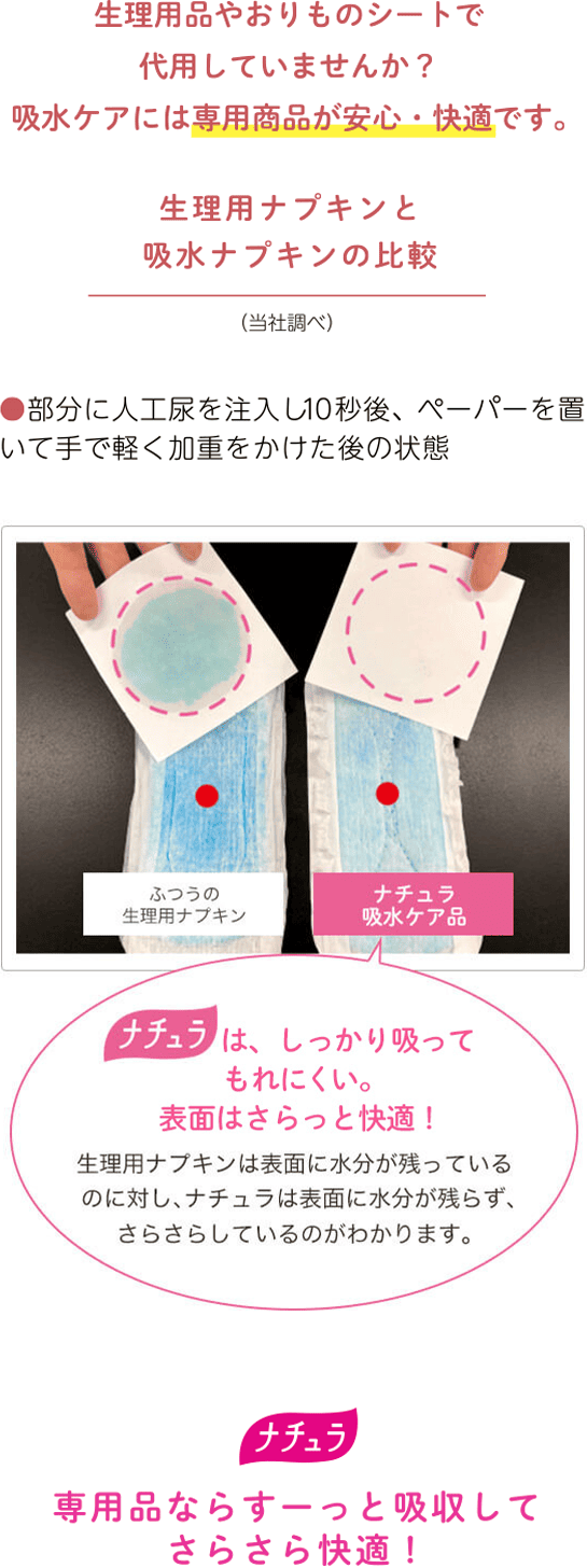 生理用品やおりものシートで代用していませんか?吸水ケアには専用商品が安心・快適です。